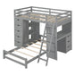 Gray Twin Over Twin Solid Wood Bunk Bed With Desk And Drawers And Storage