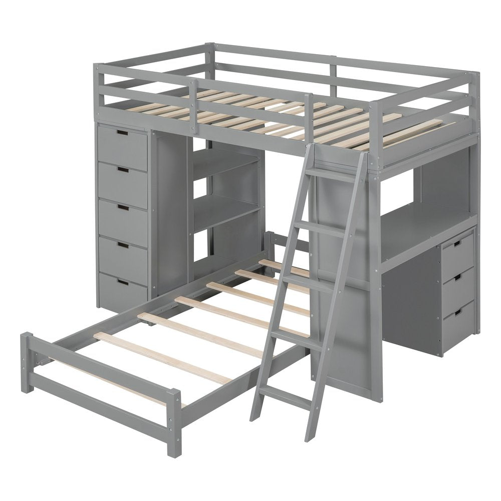 Gray Twin Over Twin Solid Wood Bunk Bed With Desk And Drawers And Storage