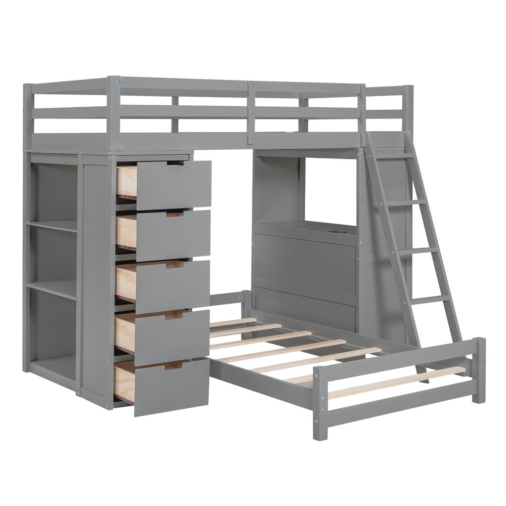 Gray Twin Over Twin Solid Wood Bunk Bed With Desk And Drawers And Storage