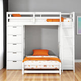 White Twin Over Twin Solid Wood Bunk Bed With Desk And Drawers And Storage
