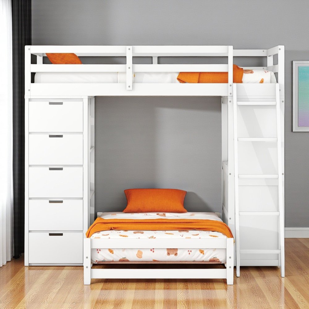 White Twin Over Twin Solid Wood Bunk Bed With Desk And Drawers And Storage