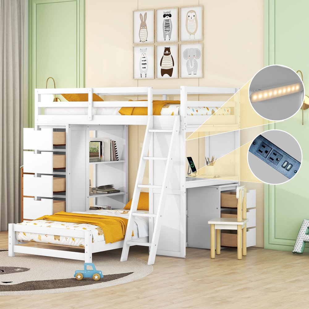 White Twin Over Twin Solid Wood Bunk Bed With Desk And Drawers And Storage