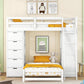 White Twin Over Twin Solid Wood Bunk Bed With Desk And Drawers And Storage