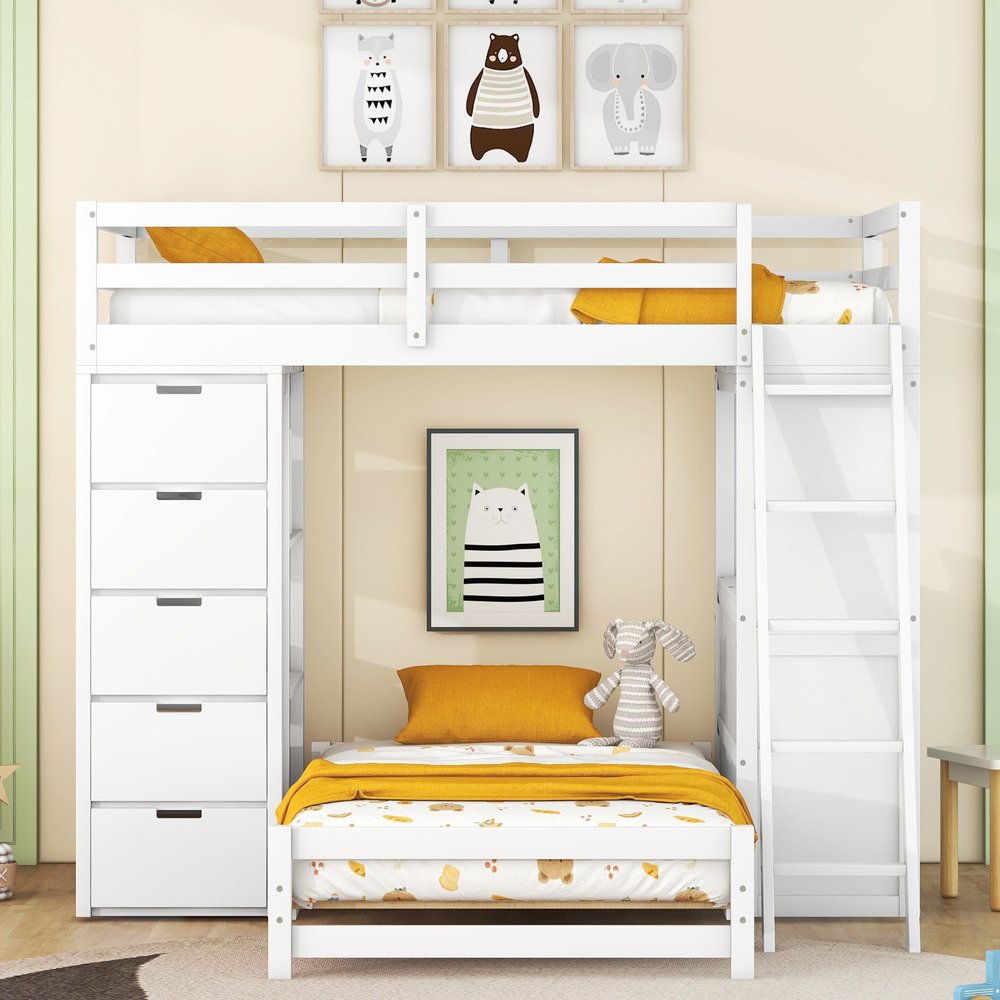 White Twin Over Twin Solid Wood Bunk Bed With Desk And Drawers And Storage
