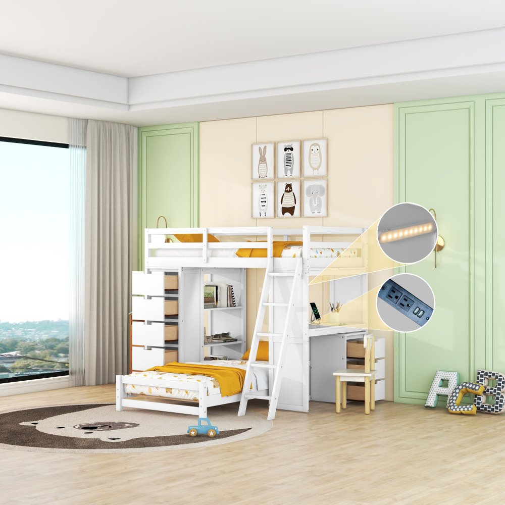 White Twin Over Twin Solid Wood Bunk Bed With Desk And Drawers And Storage