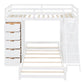White Twin Over Twin Solid Wood Bunk Bed With Desk And Drawers And Storage