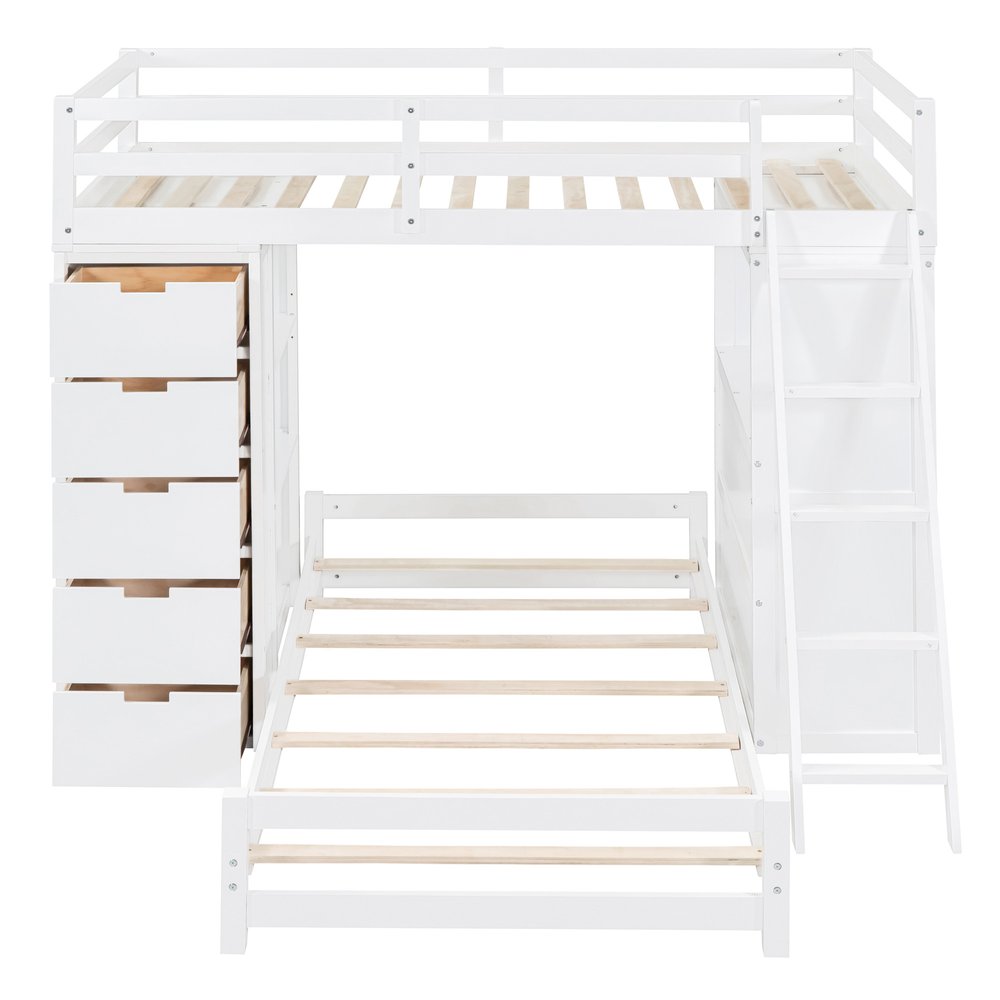 White Twin Over Twin Solid Wood Bunk Bed With Desk And Drawers And Storage