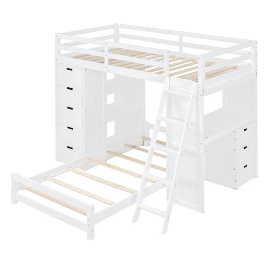 White Twin Over Twin Solid Wood Bunk Bed With Desk And Drawers And Storage
