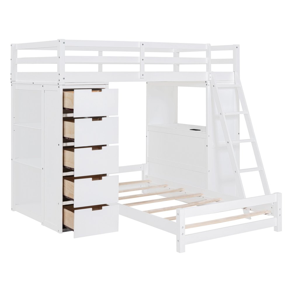 White Twin Over Twin Solid Wood Bunk Bed With Desk And Drawers And Storage