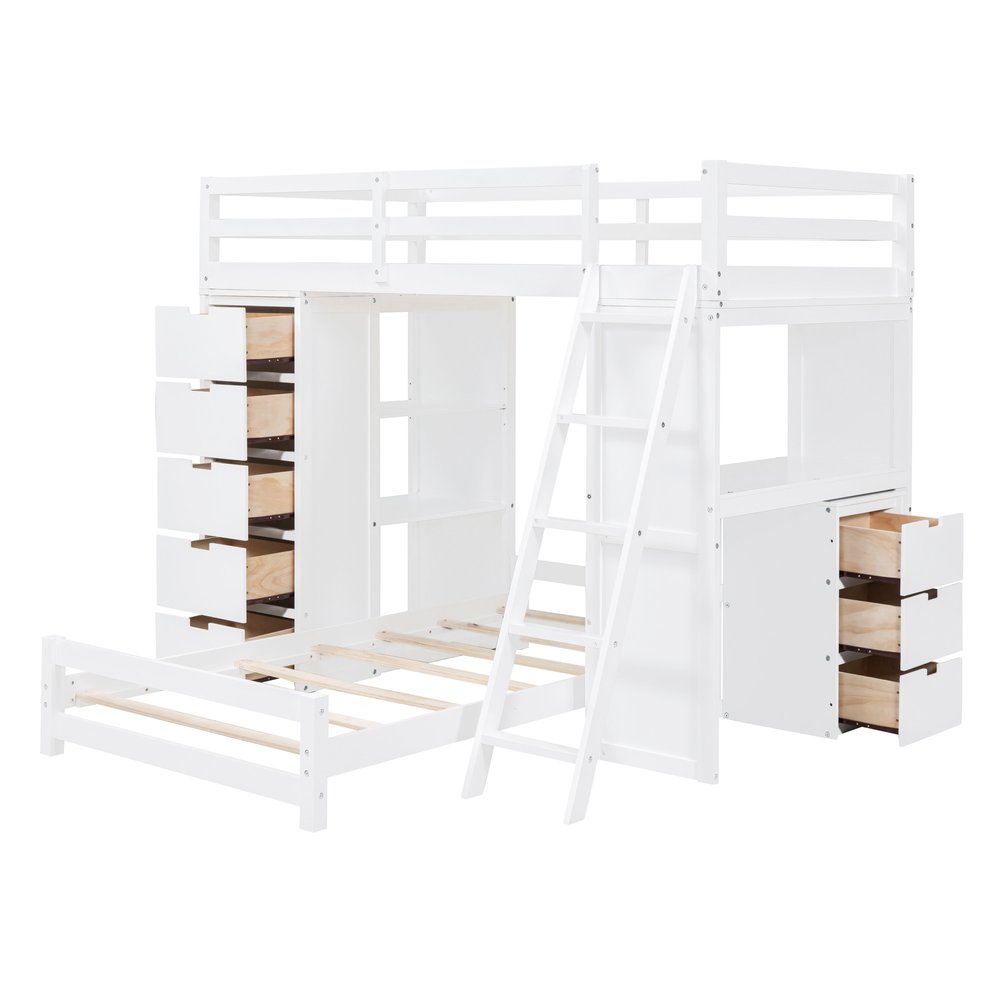 White Twin Over Twin Solid Wood Bunk Bed With Desk And Drawers And Storage