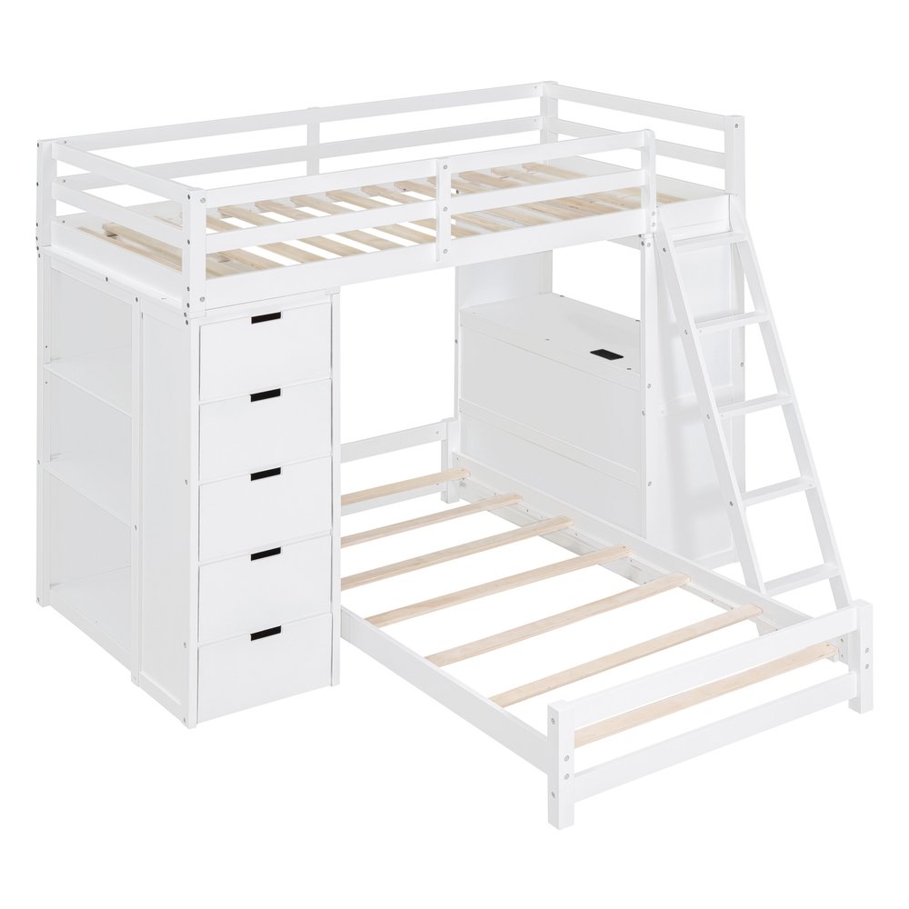 White Twin Over Twin Solid Wood Bunk Bed With Desk And Drawers And Storage