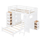White Twin Over Twin Solid Wood Bunk Bed With Desk And Drawers And Storage