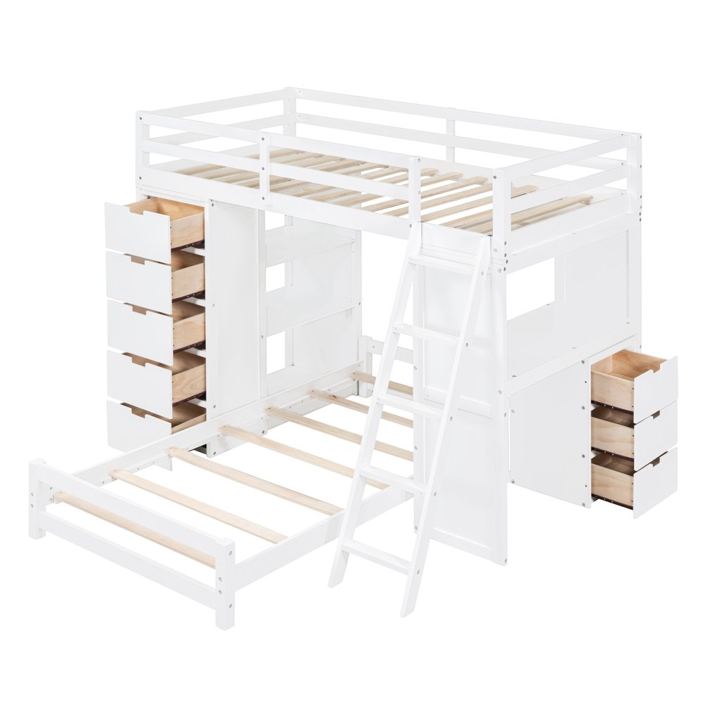 White Twin Over Twin Solid Wood Bunk Bed With Desk And Drawers And Storage