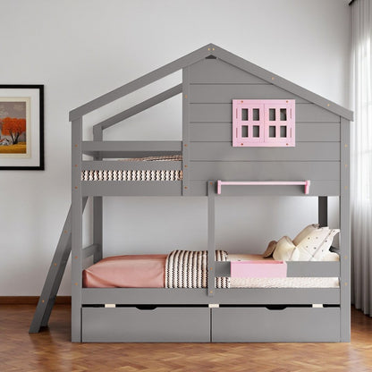 Gray Twin Over Twin Solid Wood Bunk Bed With Drawers And Storage