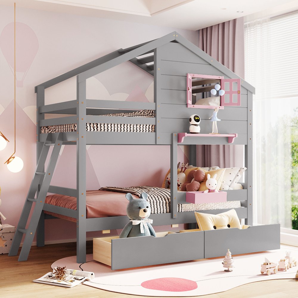 Gray Twin Over Twin Solid Wood Bunk Bed With Drawers And Storage