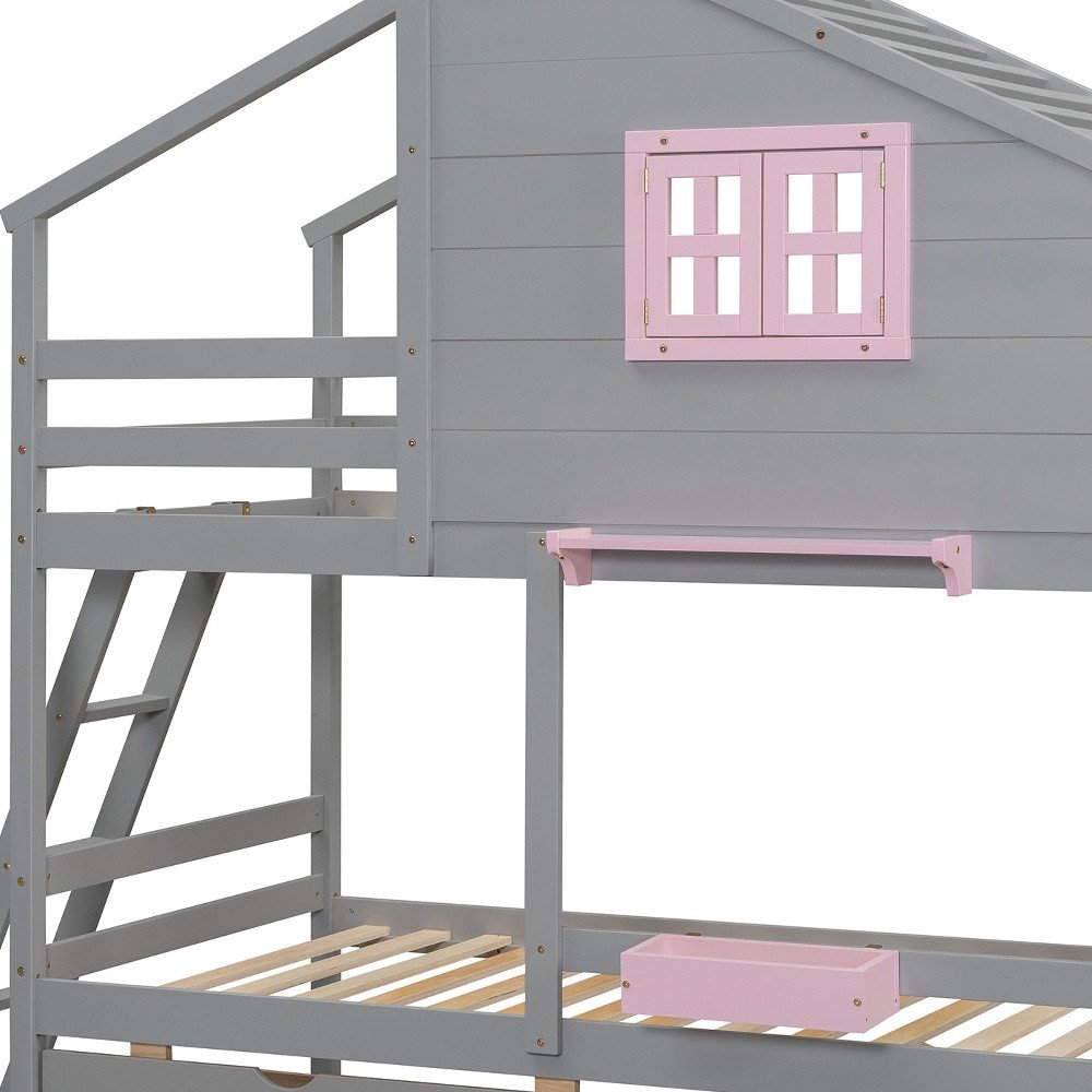 Gray Twin Over Twin Solid Wood Bunk Bed With Drawers And Storage