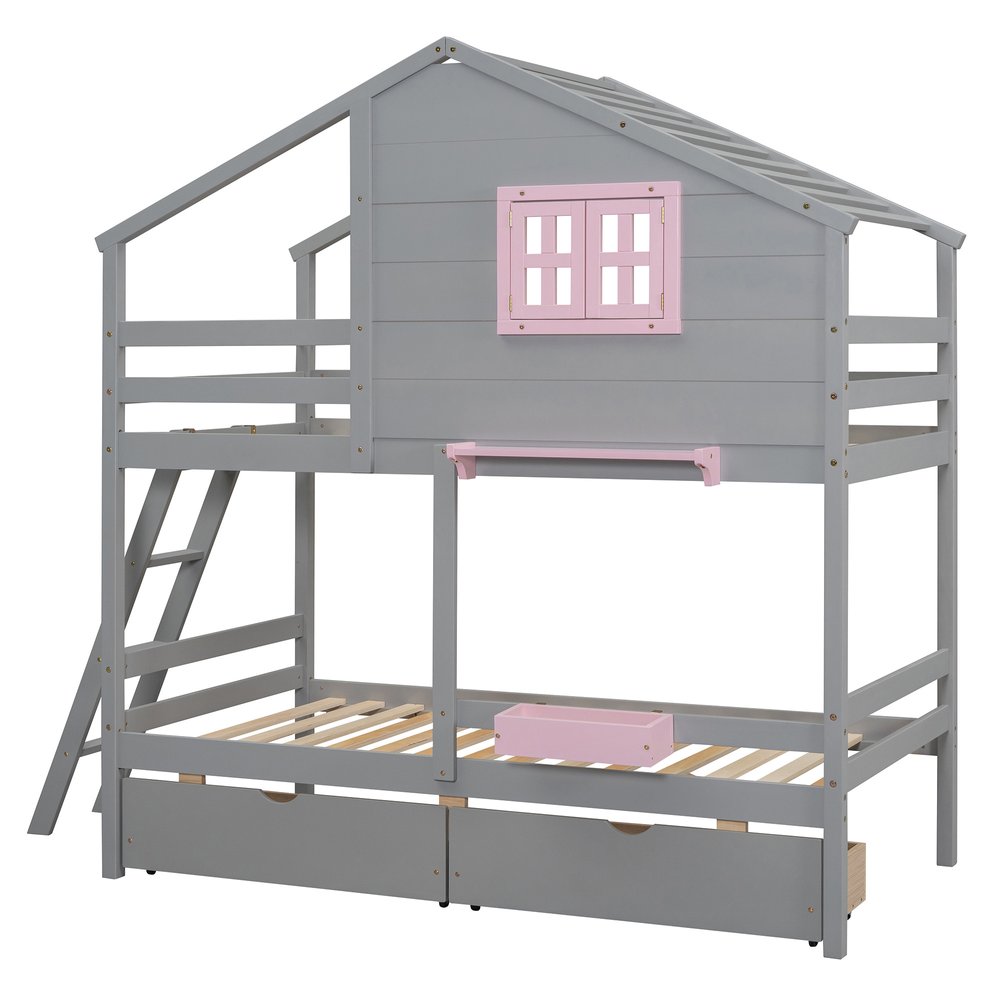 Gray Twin Over Twin Solid Wood Bunk Bed With Drawers And Storage