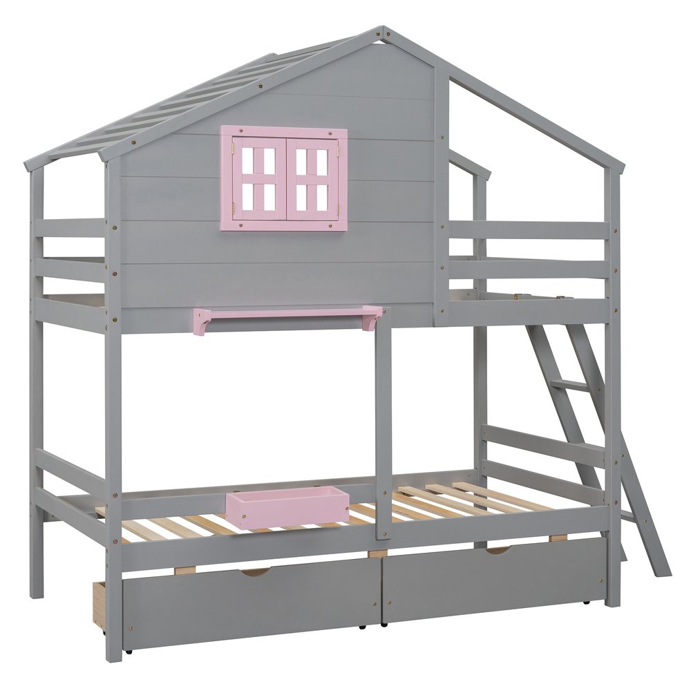 Gray Twin Over Twin Solid Wood Bunk Bed With Drawers And Storage