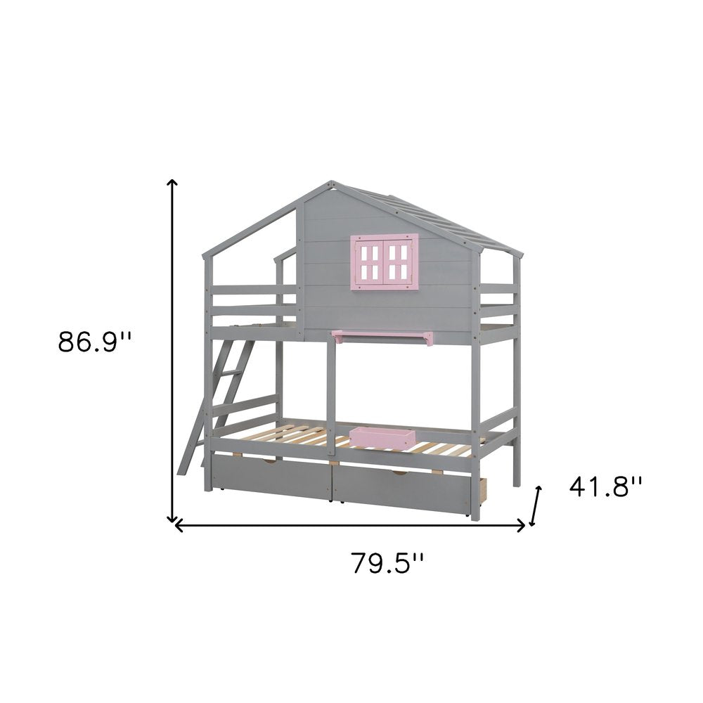 Gray Twin Over Twin Solid Wood Bunk Bed With Drawers And Storage