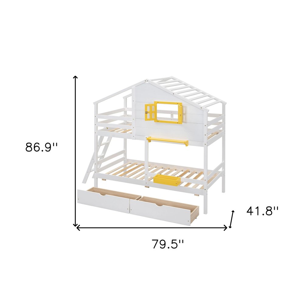 White Twin Over Twin Solid Wood Bunk Bed With Drawers And Storage