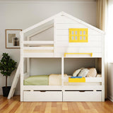 White Twin Over Twin Solid Wood Bunk Bed With Drawers And Storage