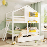 White Twin Over Twin Solid Wood Bunk Bed With Drawers And Storage