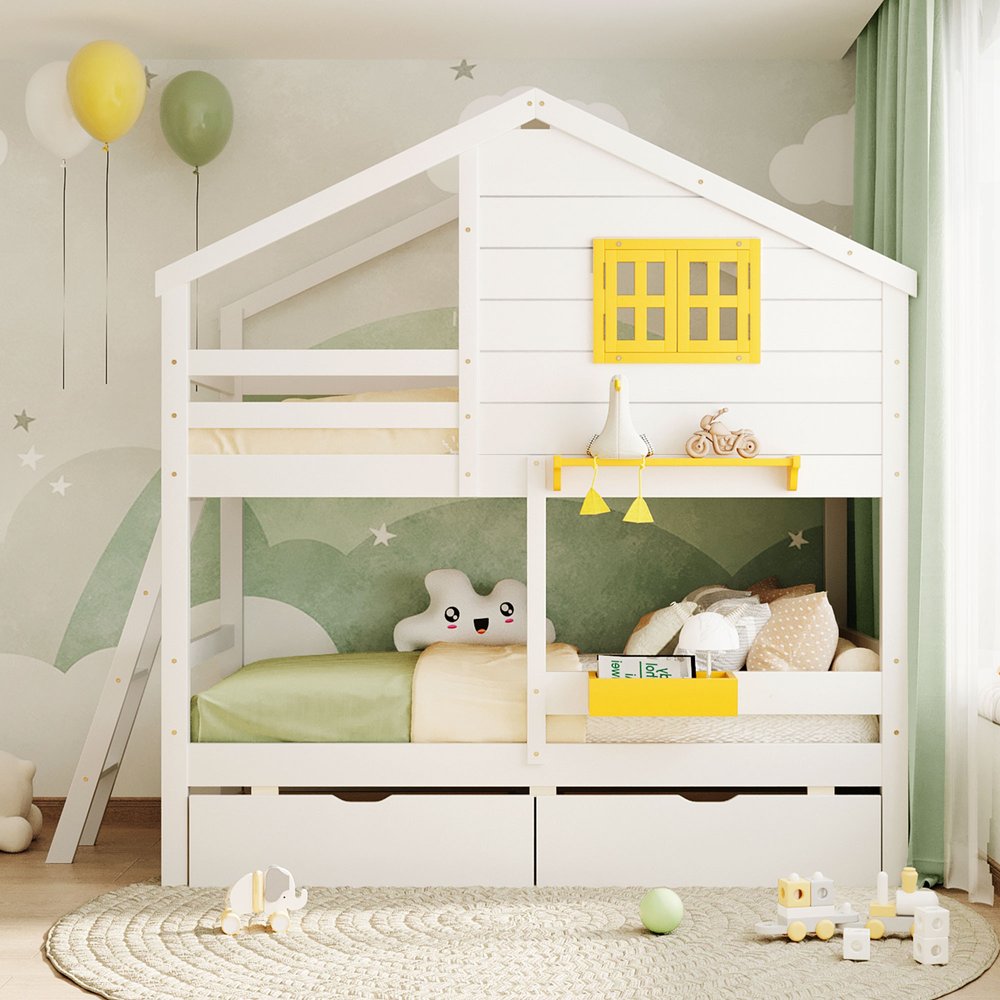 White Twin Over Twin Solid Wood Bunk Bed With Drawers And Storage