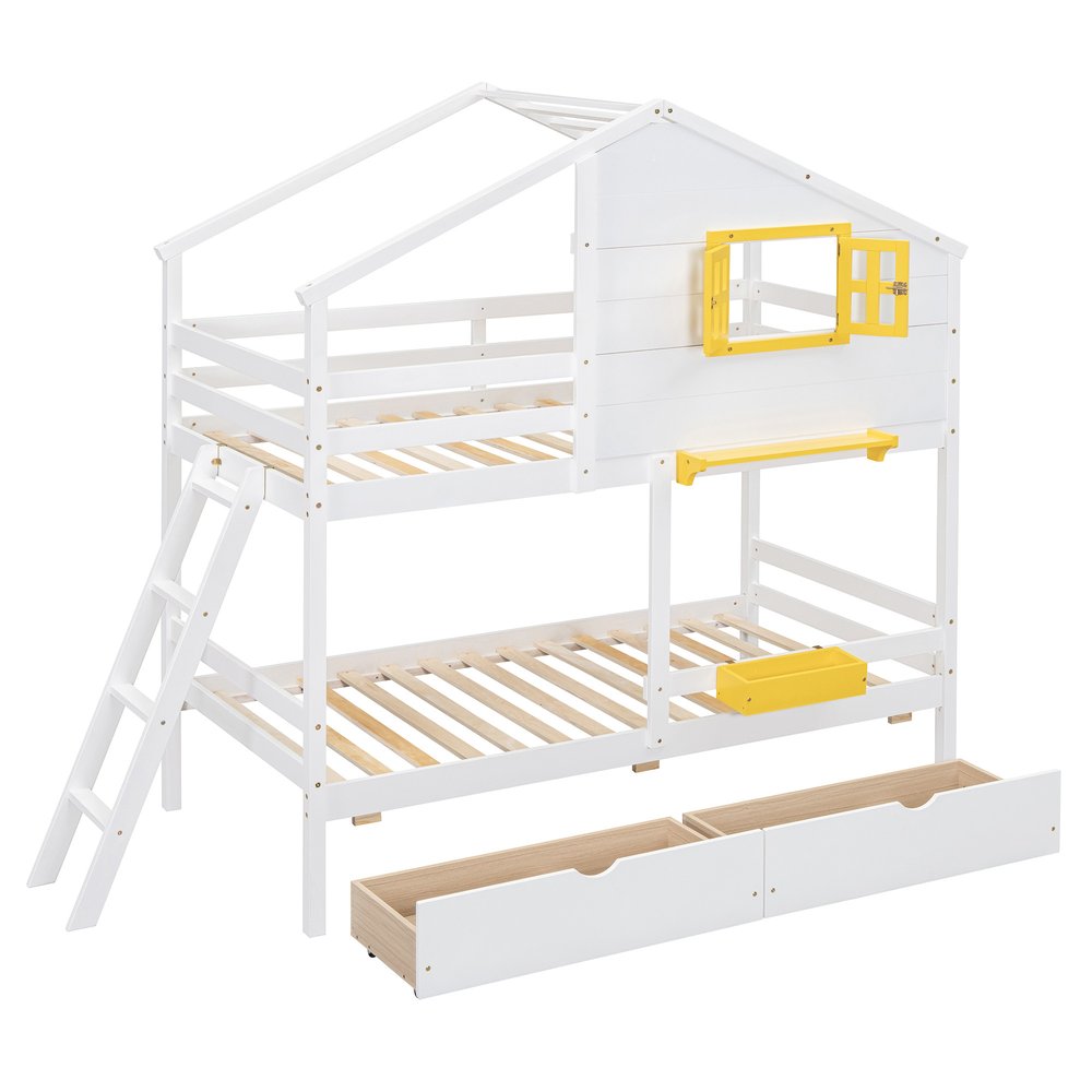 White Twin Over Twin Solid Wood Bunk Bed With Drawers And Storage