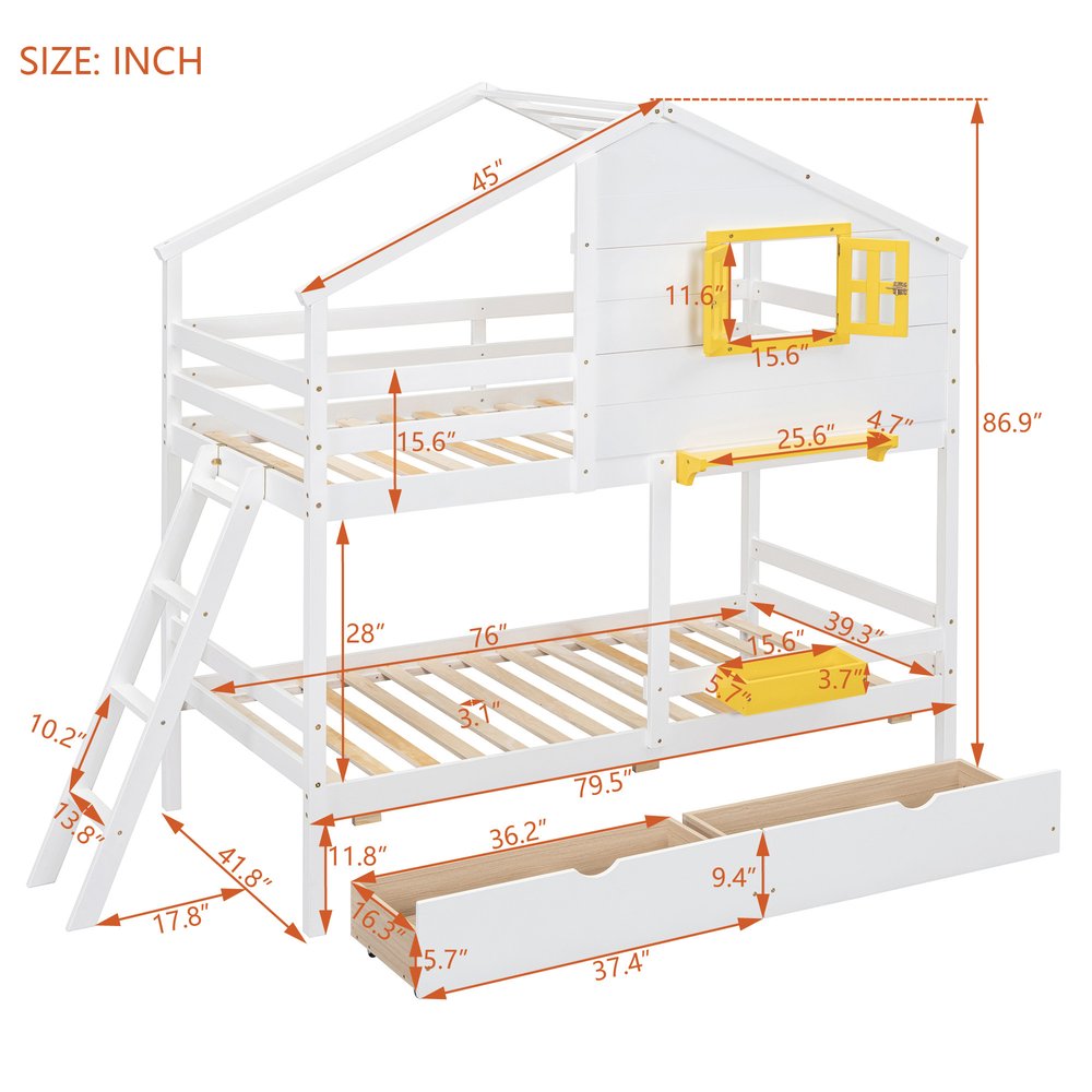 White Twin Over Twin Solid Wood Bunk Bed With Drawers And Storage