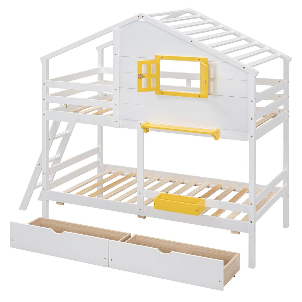 White Twin Over Twin Solid Wood Bunk Bed With Drawers And Storage