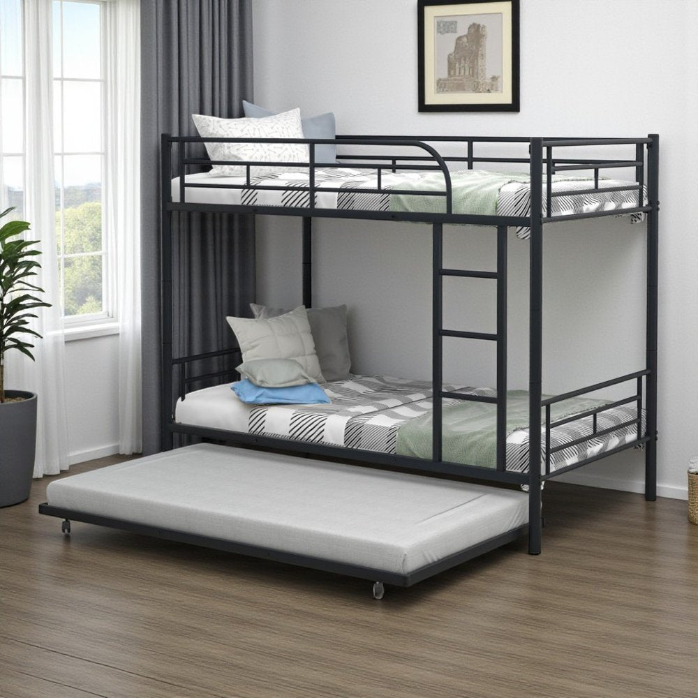 Black Twin Over Twin Metal Bunk Bed With Trundle