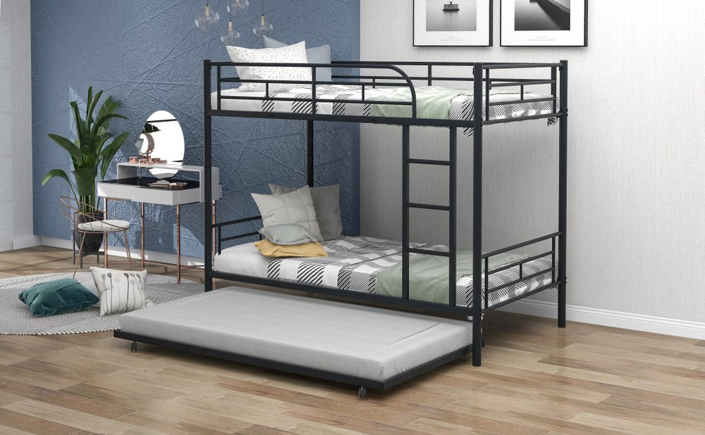 Black Twin Over Twin Metal Bunk Bed With Trundle