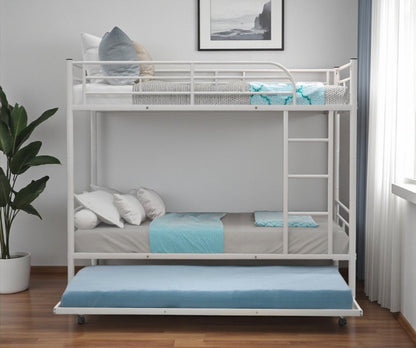 White Twin Over Twin Metal Bunk Bed With Trundle
