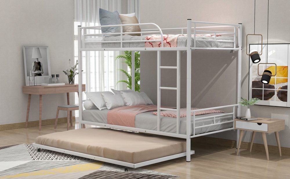 White Twin Over Twin Metal Bunk Bed With Trundle