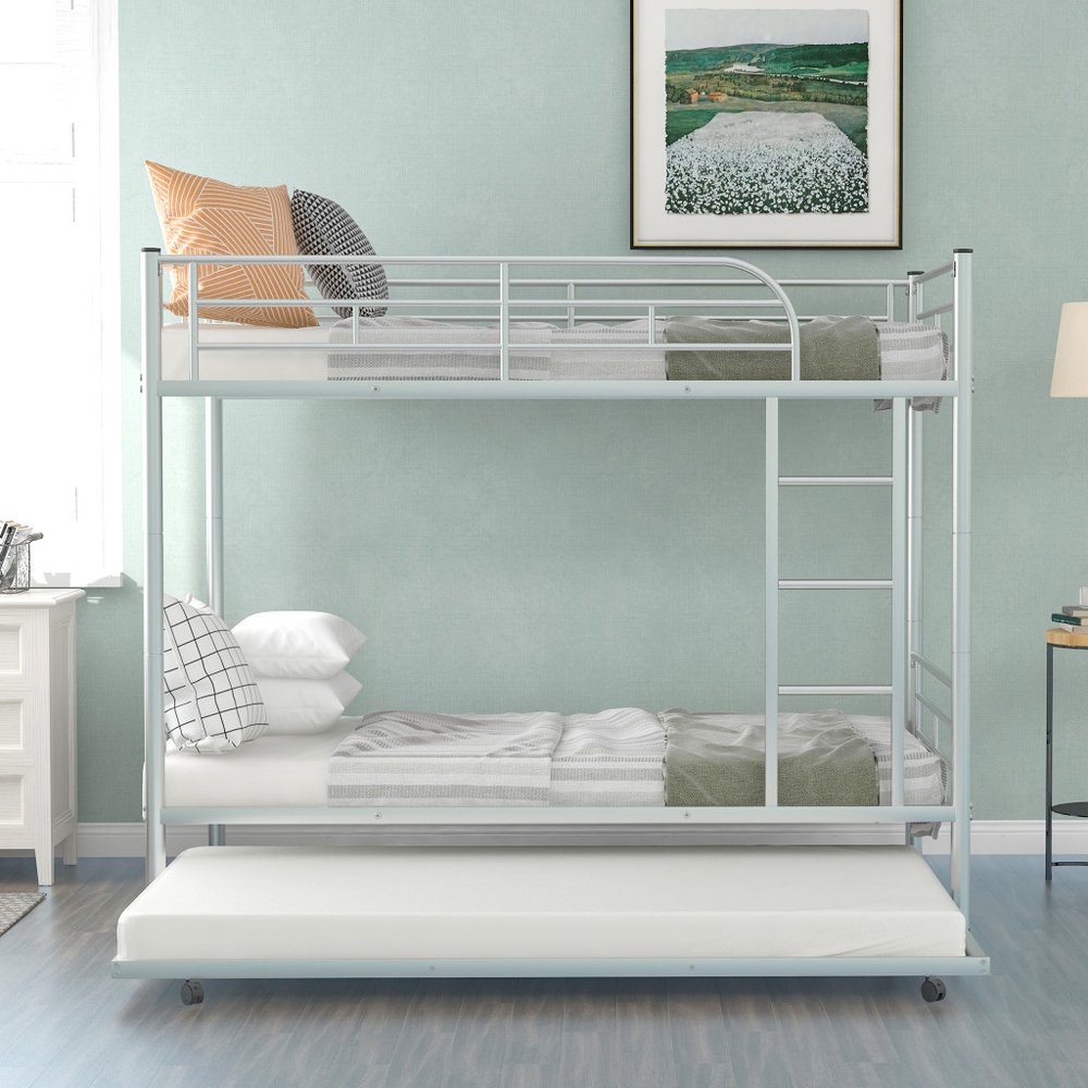 Silver Twin Over Twin Metal Bunk Bed With Trundle