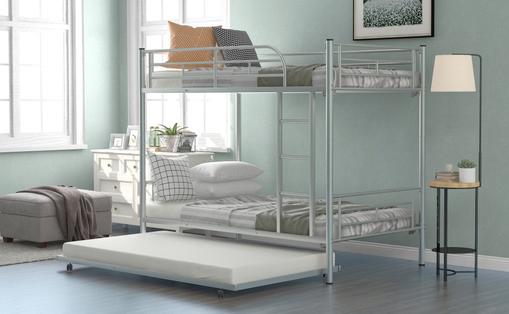 Silver Twin Over Twin Metal Bunk Bed With Trundle