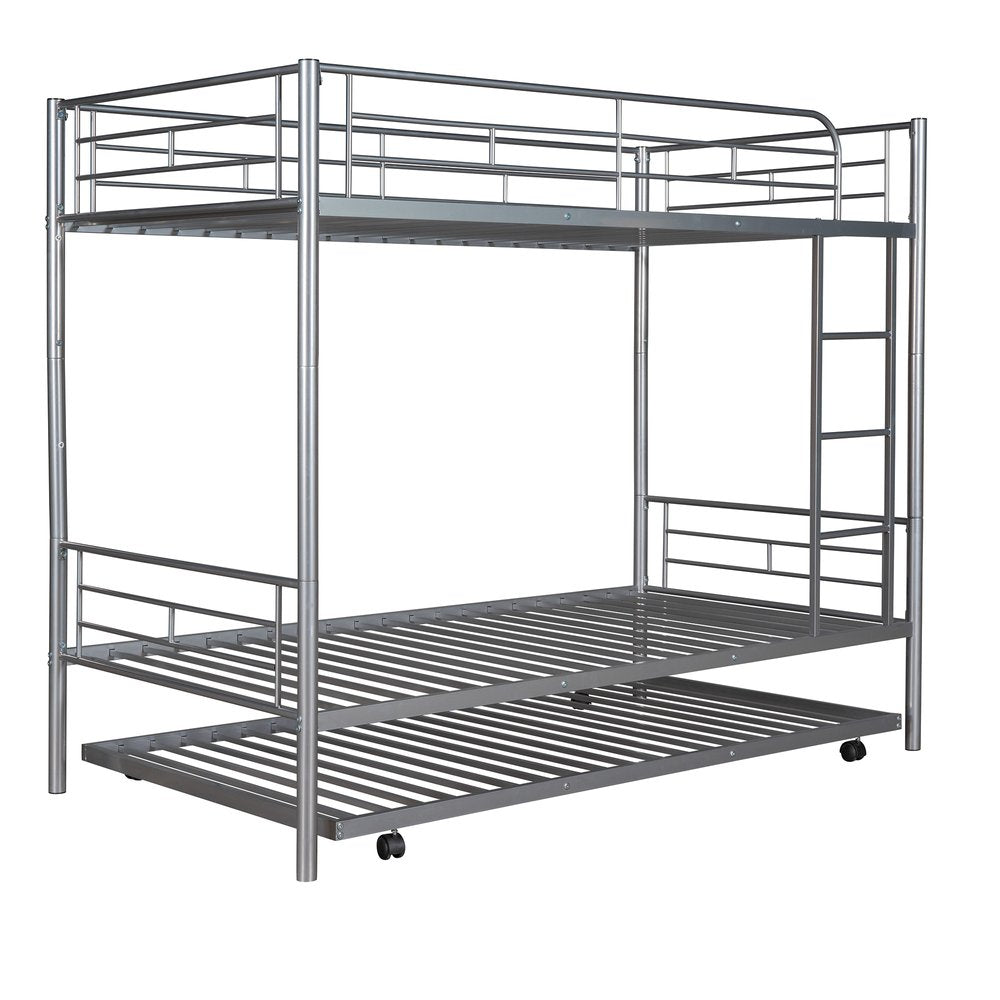 Silver Twin Over Twin Metal Bunk Bed With Trundle