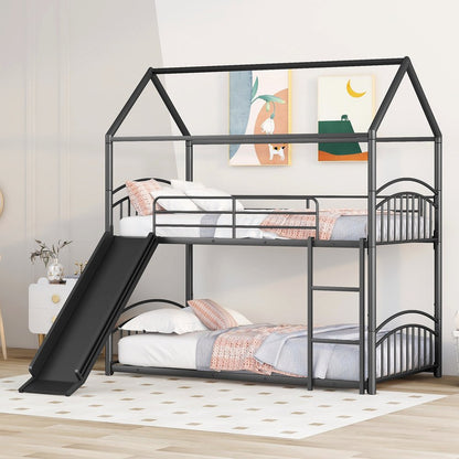 Black Twin Over Twin Metal Bunk Bed With Slide
