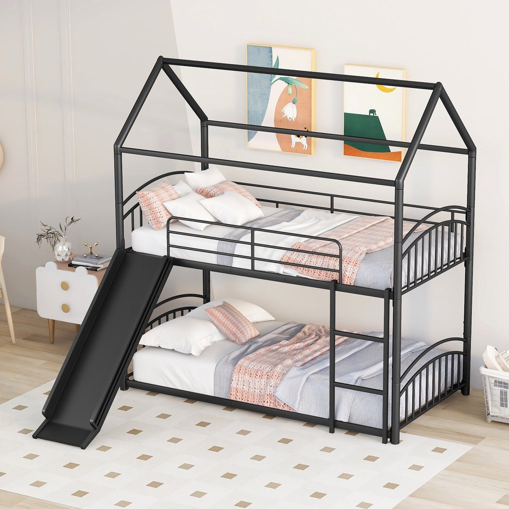 Black Twin Over Twin Metal Bunk Bed With Slide
