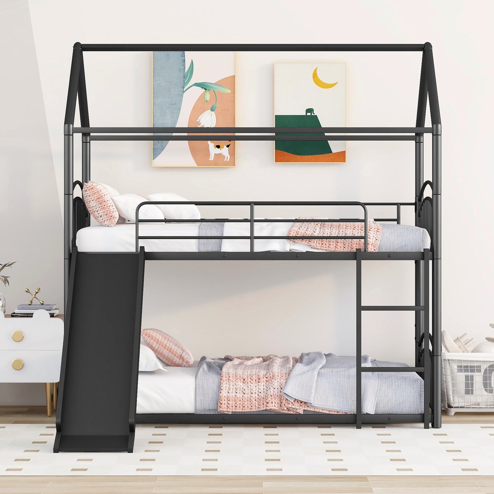 Black Twin Over Twin Metal Bunk Bed With Slide