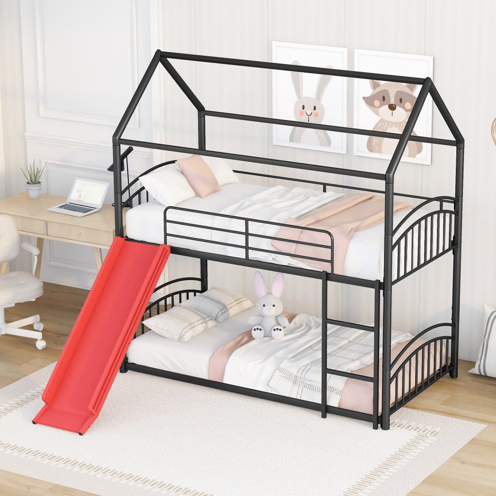 Black Twin Over Twin Metal Bunk Bed With Slide