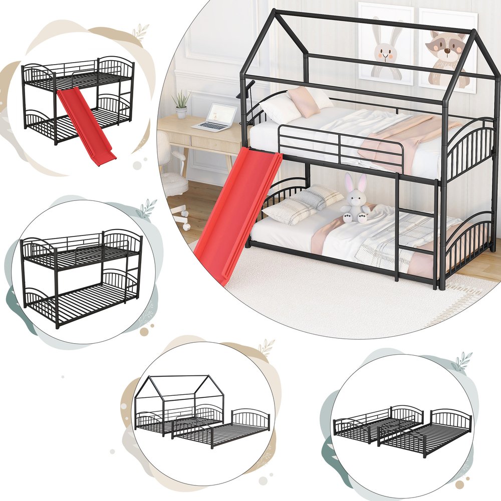 Black Twin Over Twin Metal Bunk Bed With Slide
