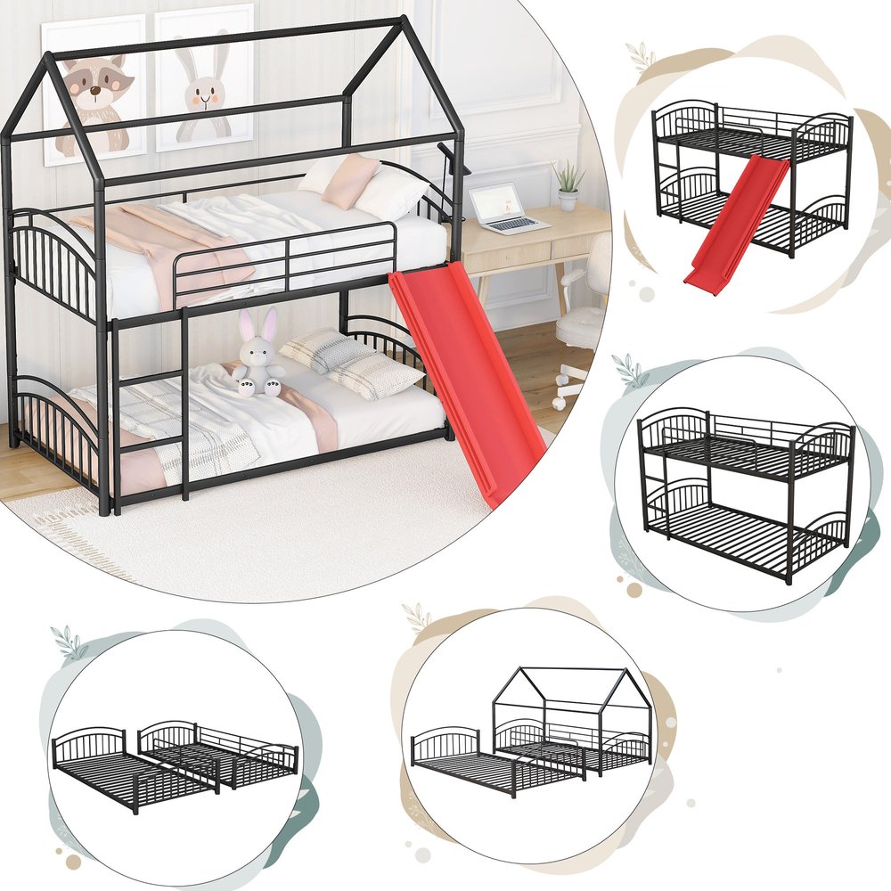Black Twin Over Twin Metal Bunk Bed With Slide