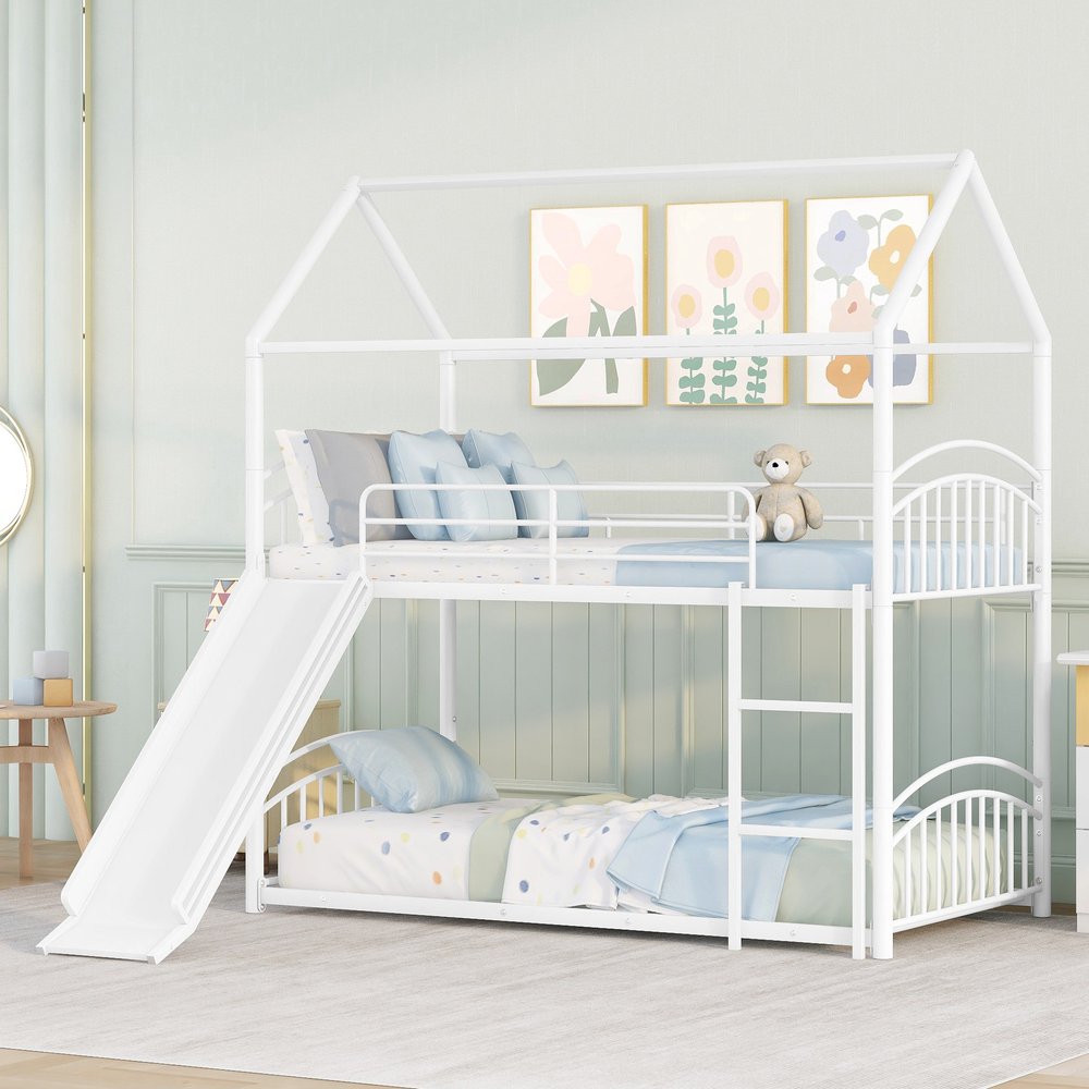 White Twin Over Twin Metal Bunk Bed With Slide