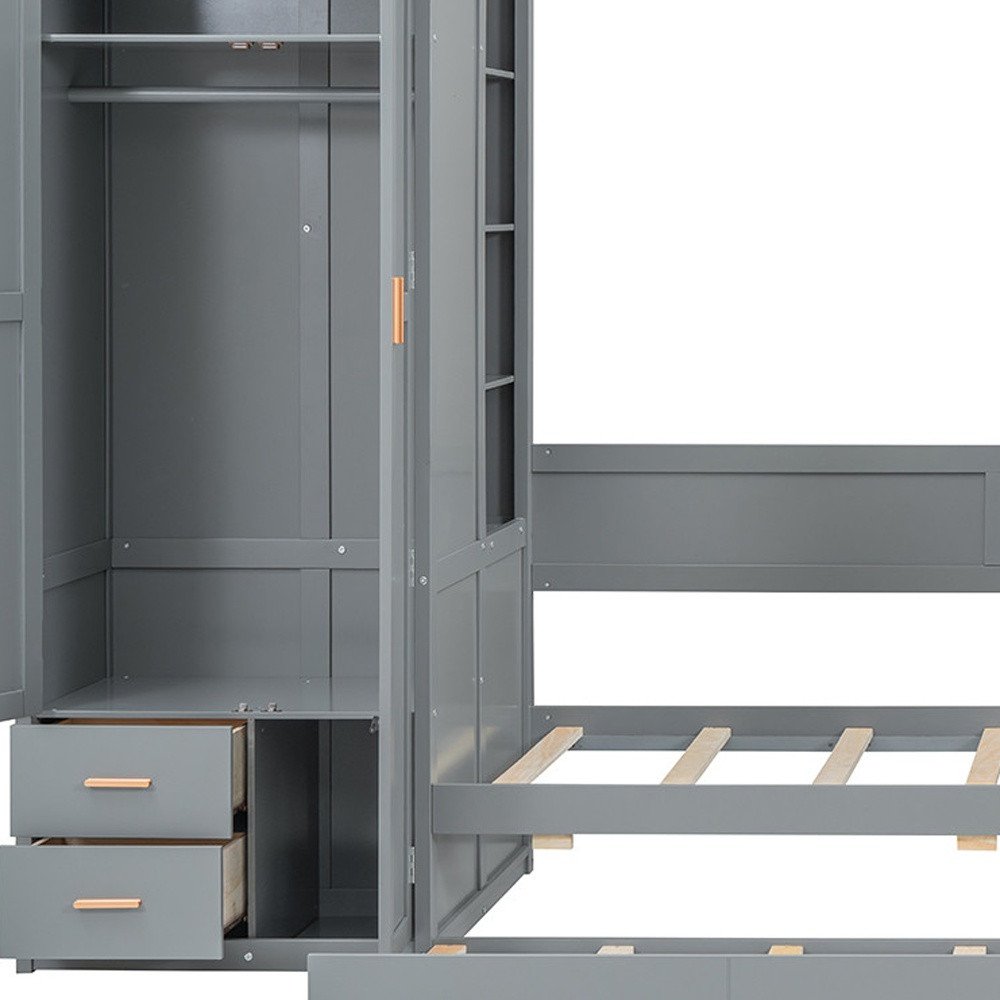 Gray Twin Over Twin Wood Bunk Bed With Desk And Trundle And Storage