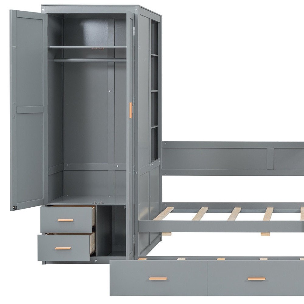 Gray Twin Over Twin Wood Bunk Bed With Desk And Trundle And Storage