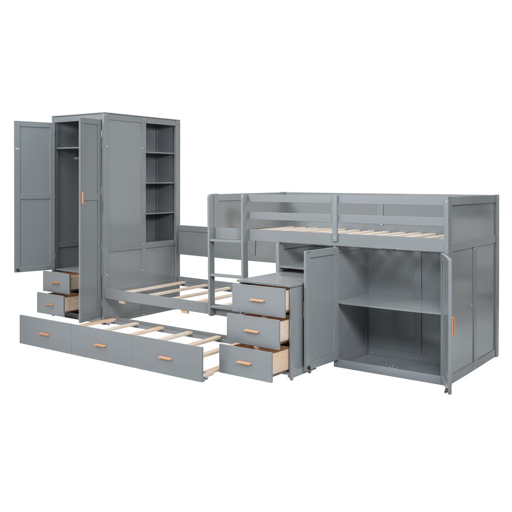 Gray Twin Over Twin Wood Bunk Bed With Desk And Trundle And Storage