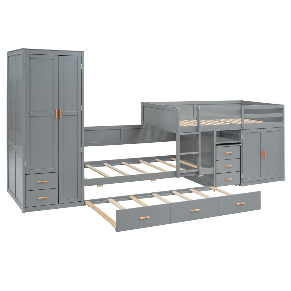 Gray Twin Over Twin Wood Bunk Bed With Desk And Trundle And Storage
