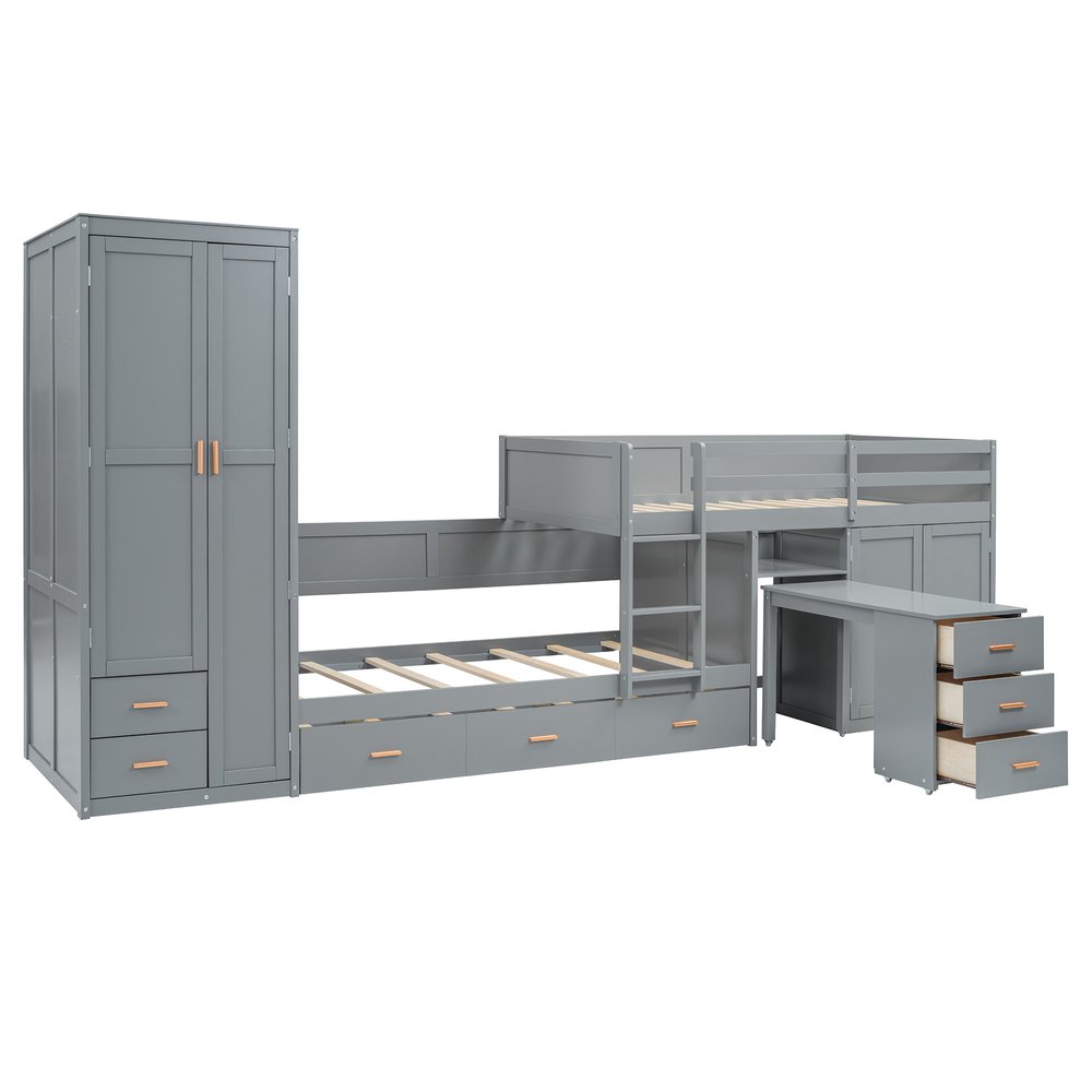 Gray Twin Over Twin Wood Bunk Bed With Desk And Trundle And Storage