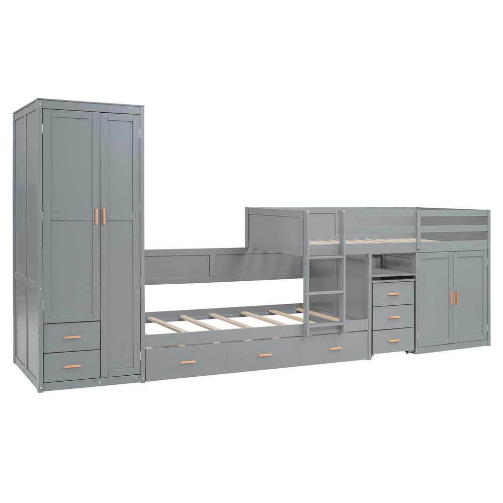 Gray Twin Over Twin Wood Bunk Bed With Desk And Trundle And Storage